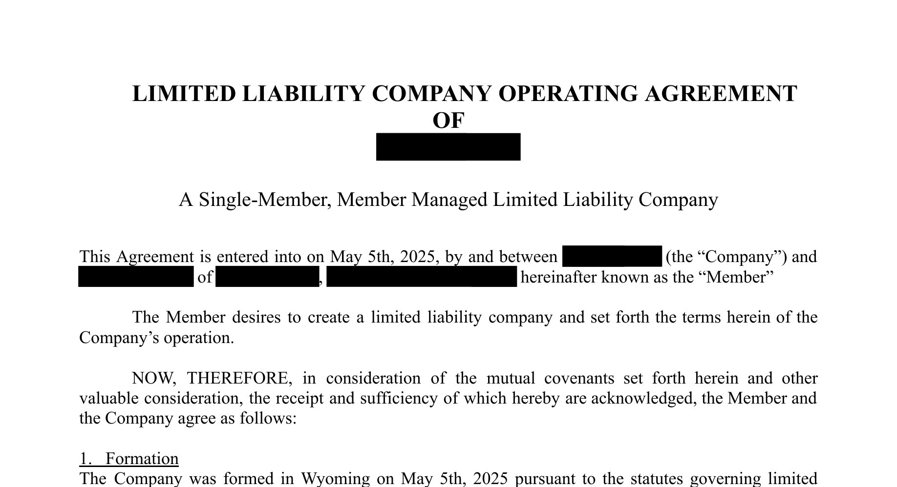 Operating Agreement — example document with customer details removed