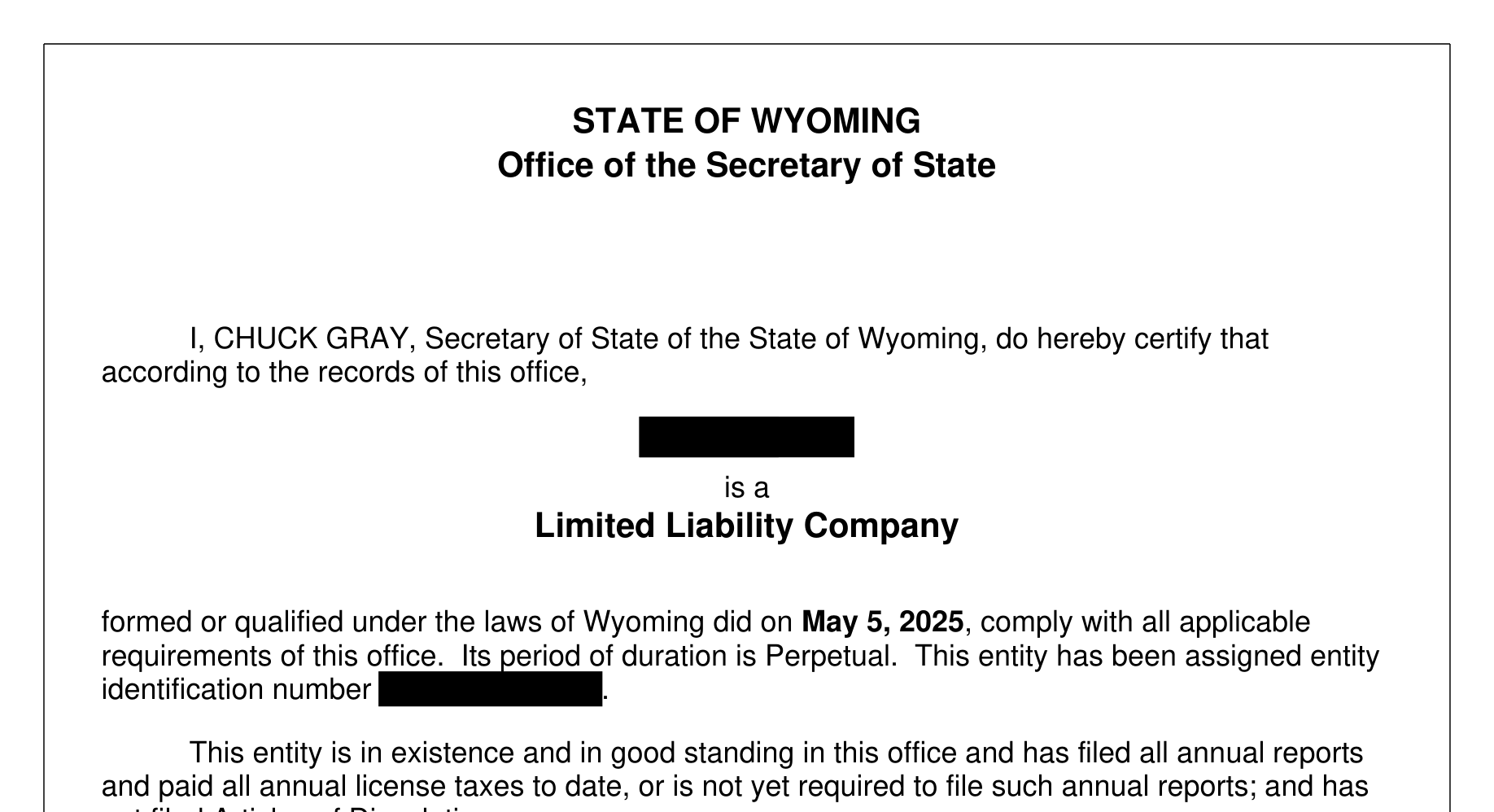 Certificate of Good Standing — example document with customer details removed