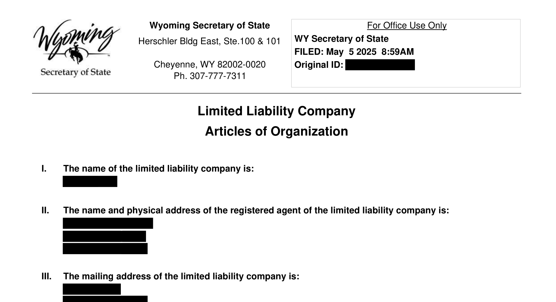Articles of Organization — example document with customer details removed