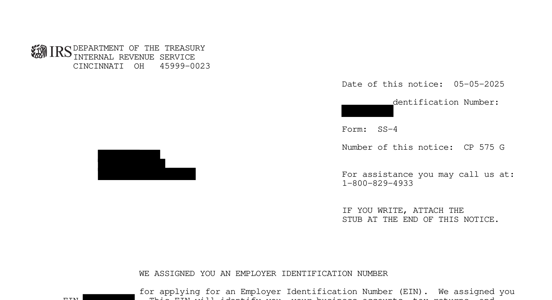 EIN confirmation letter — example document with customer details removed